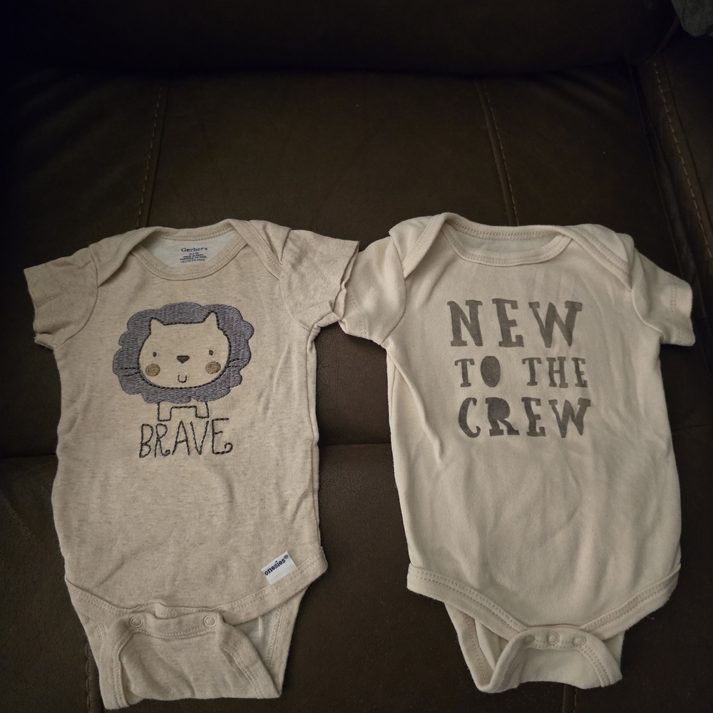 Gerber Beige 'Brave' and 'New to the Crew' Bodysuits